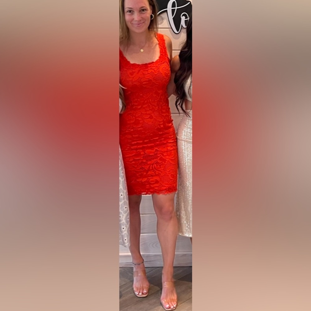 Josse Natori orange lace midi dress, size small